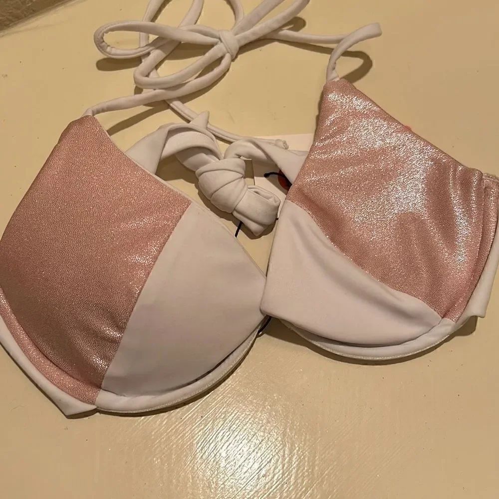 Oceanus Womens Size Small Bikini Top White Pink Sparkle Underwire Swimwear NWT